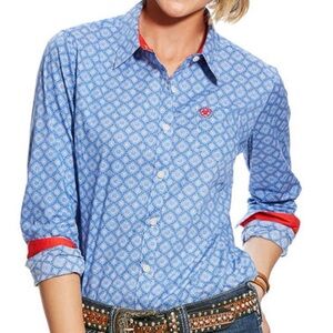 Ariat Women's Kirby Stretch Long Sleeve Blue & White Print Button Down Shirt XXL